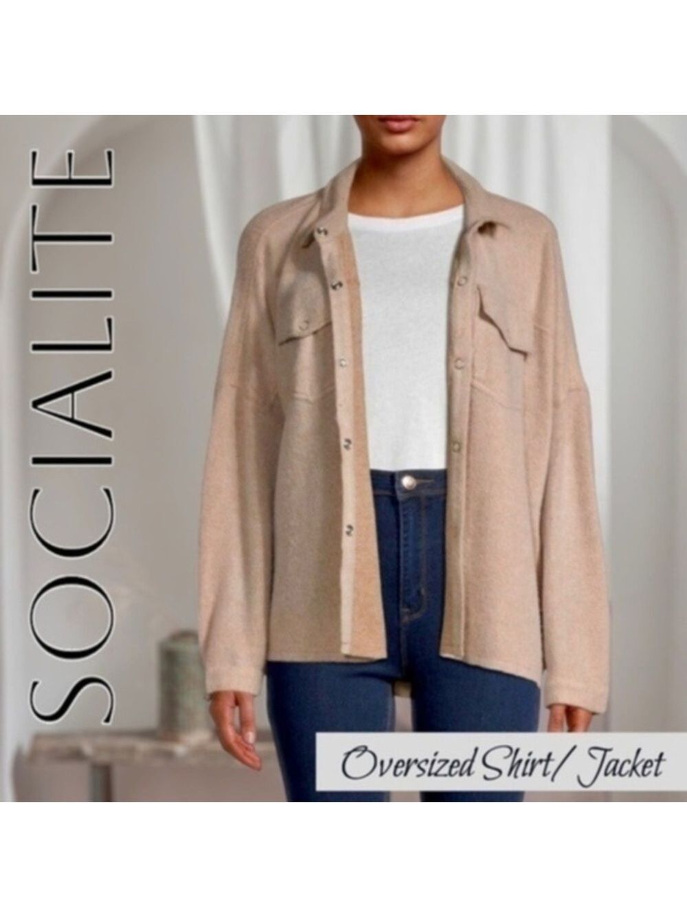 SOCIALITE Cozy Oversized Boyfriend Snap-Front Shirt/Jacket-Tan/NWT/LG